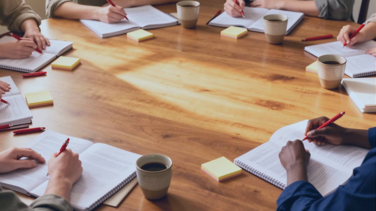 Writers around a wooden table critiquing manuscripts with red pens