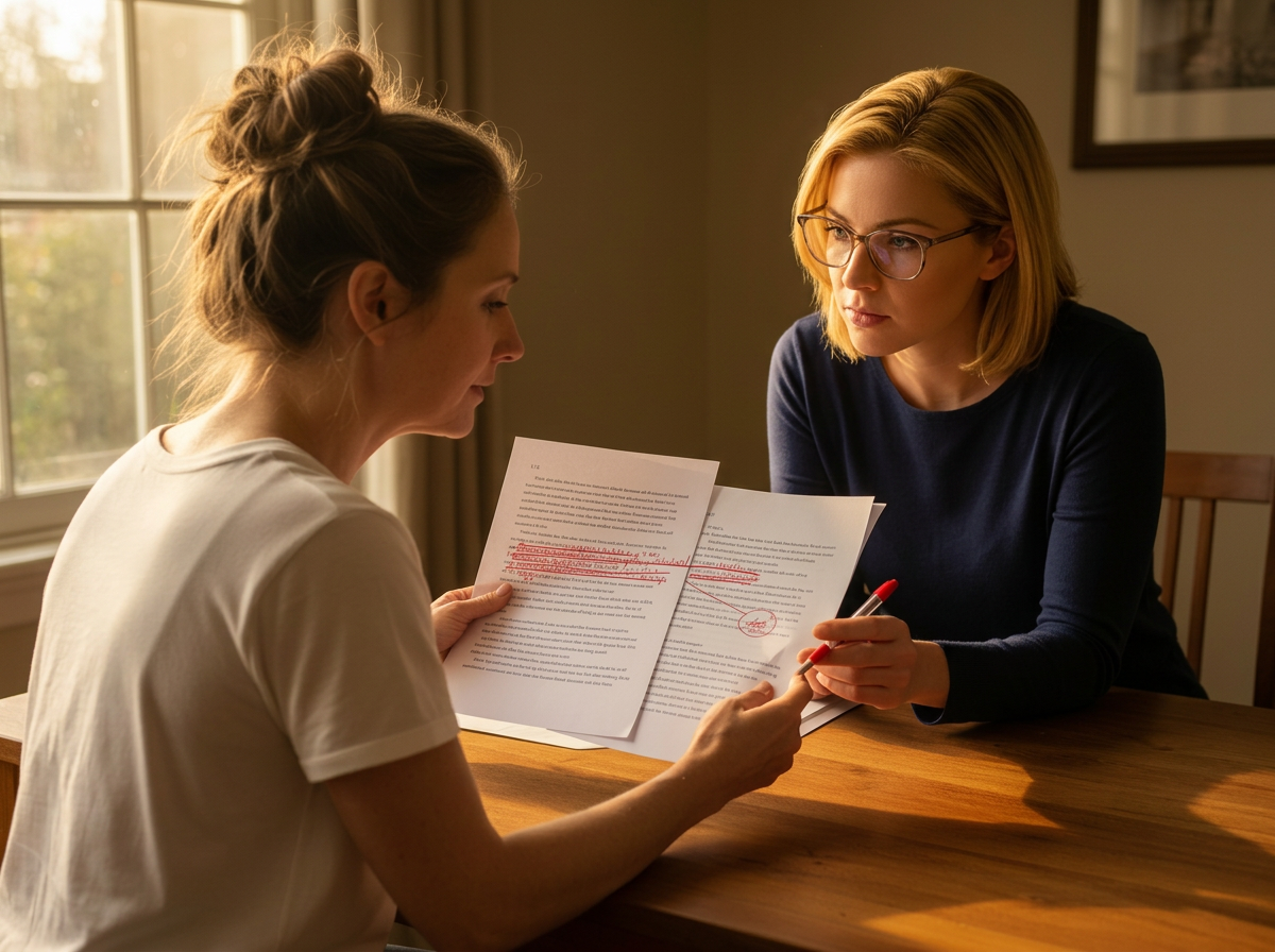 Two writers reviewing a manuscript together in warm light